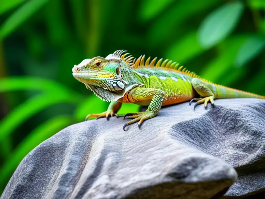 Una iguana verde vibrante en una escultura de piedra vieja en la jungla, mostrando la conexión entre la fauna y la cultura Maya