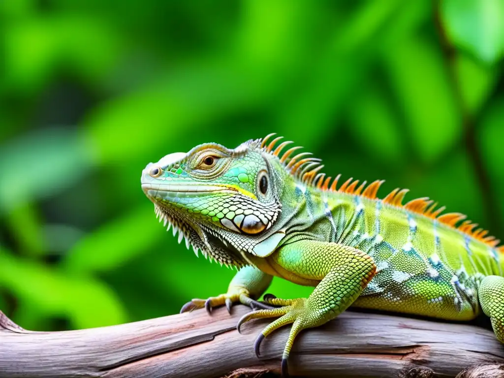 Una iguana verde vibrante descansando en una rama, con detalles intrincados de sus escamas, ojos y garras, en la selva exuberante