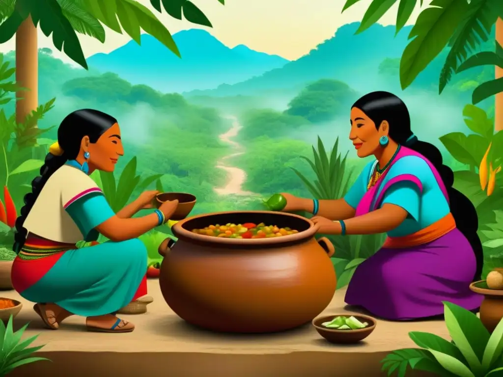 Una ilustración detallada y vibrante de una familia maya alrededor de una olla de frijoles, resaltando la importancia cultural en la alimentación maya