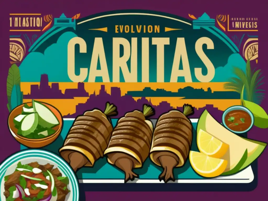 Una ilustración detallada y vibrante que muestra la evolución de las recetas históricas de Carnitas a lo largo de las culturas