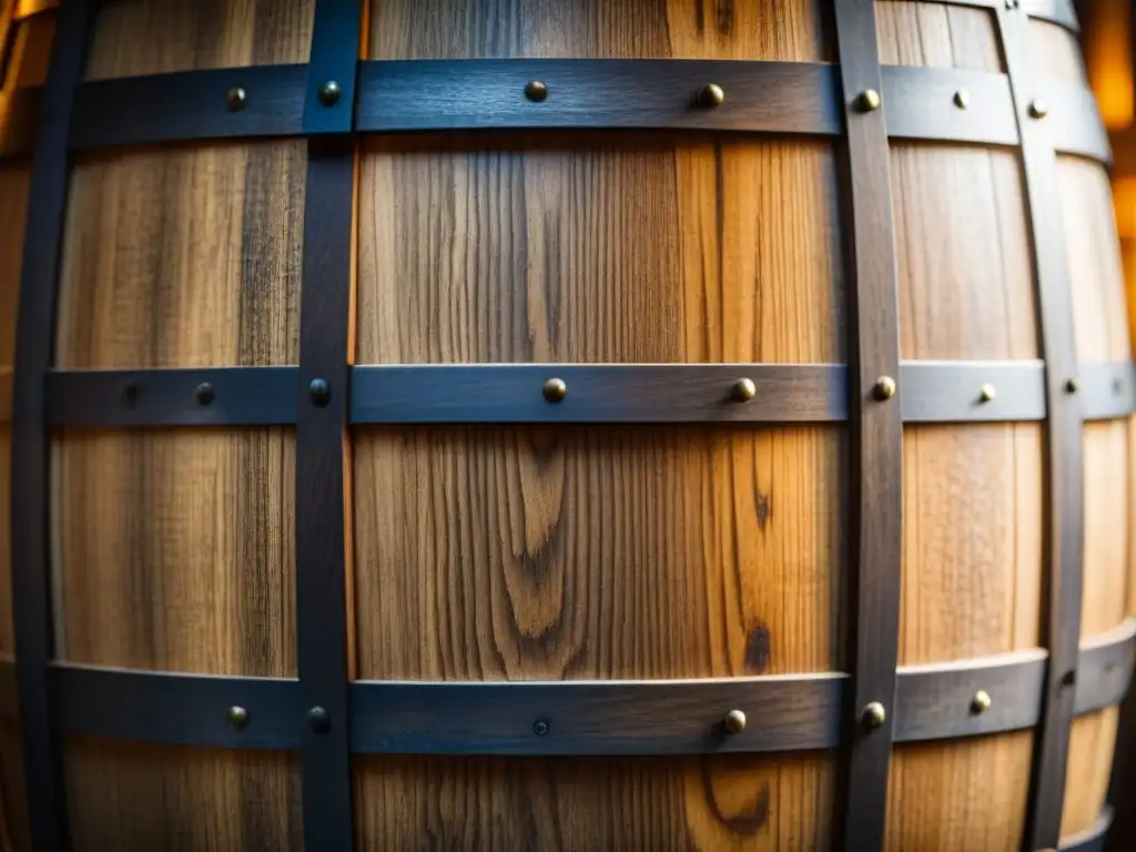 La imagen muestra un barril de roble en una destilería de whisky, con patrones de vetas de madera y tonos cálidos