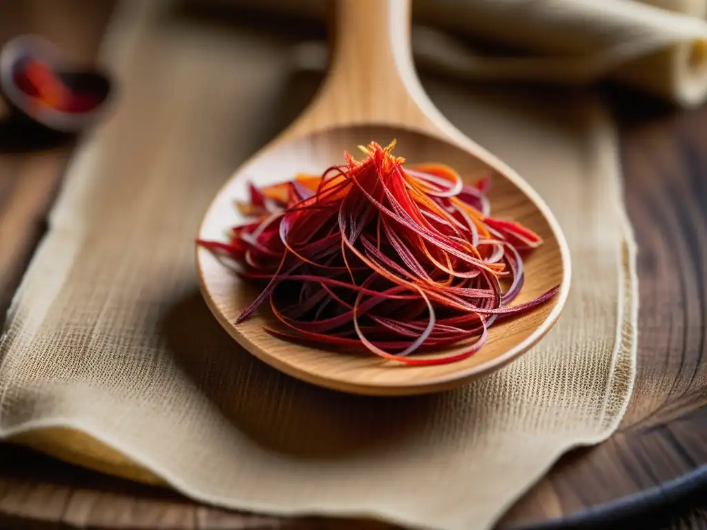 Una imagen cautivadora de azafrán rojo sobre una cuchara de madera, resaltando la historia y la importancia de este tesoro de la cocina persa