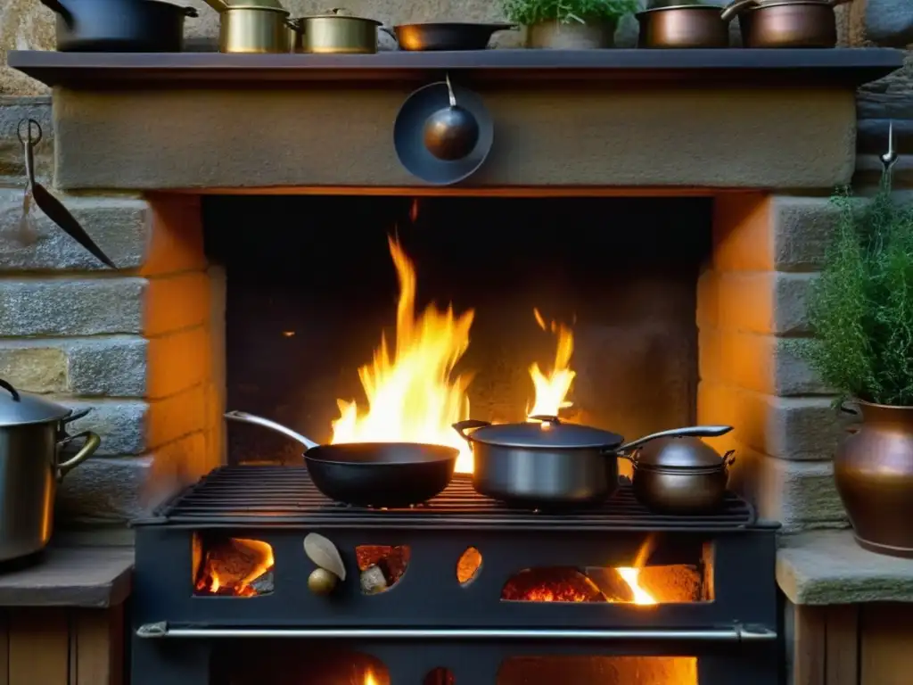 Una imagen de una cocina medieval en ciudades medievales con fuego, ollas y calderos burbujeantes