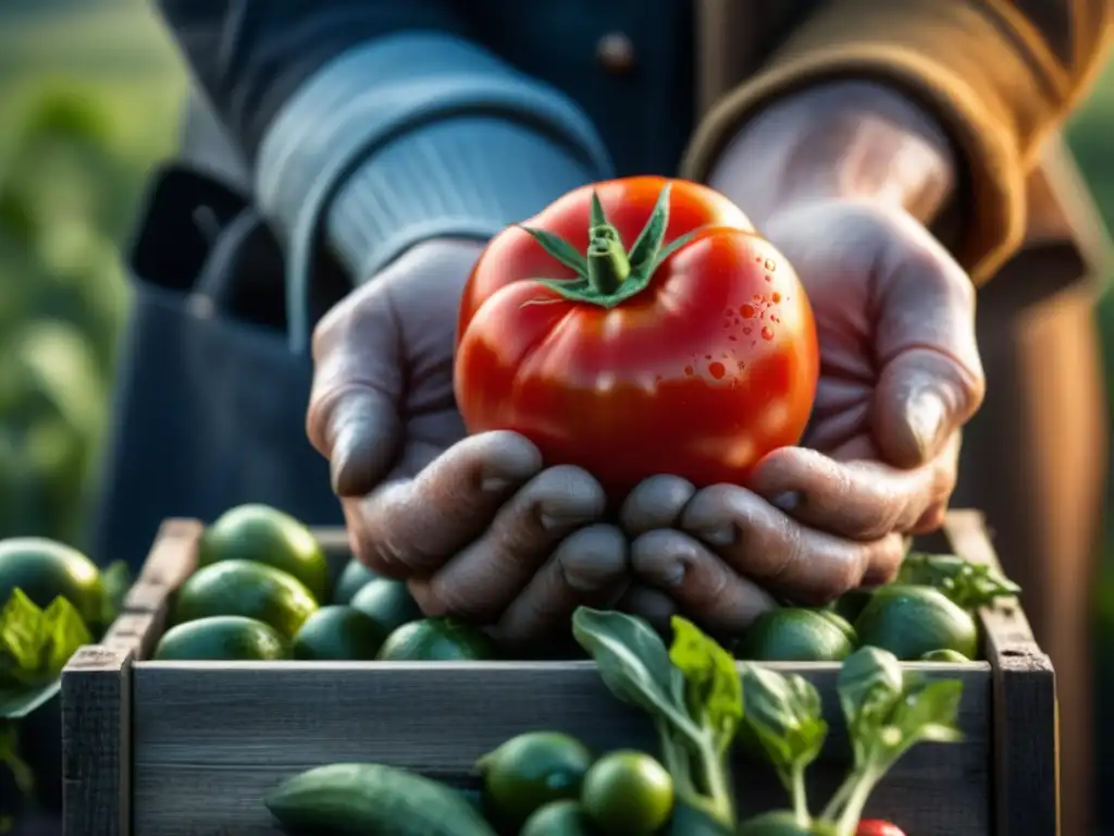 Manos sabias sostienen la cosecha: tomate rojo y fresco Una imagen conmovedora de autoabastecimiento durante la Gran Depresión: manos ancianas cuidadosas sostienen un tomate rojo vibrante
