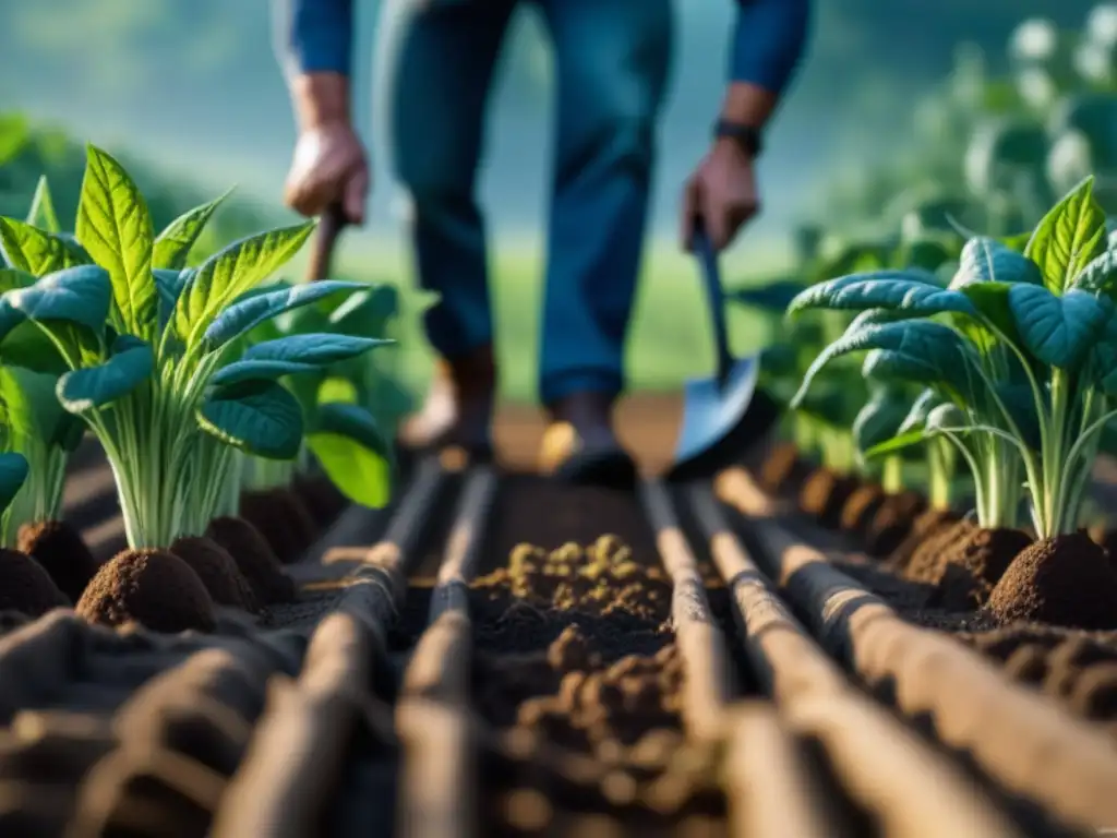 Una imagen detallada de agricultores colaborando en un huerto orgánico, mostrando la belleza de la agricultura sostenible