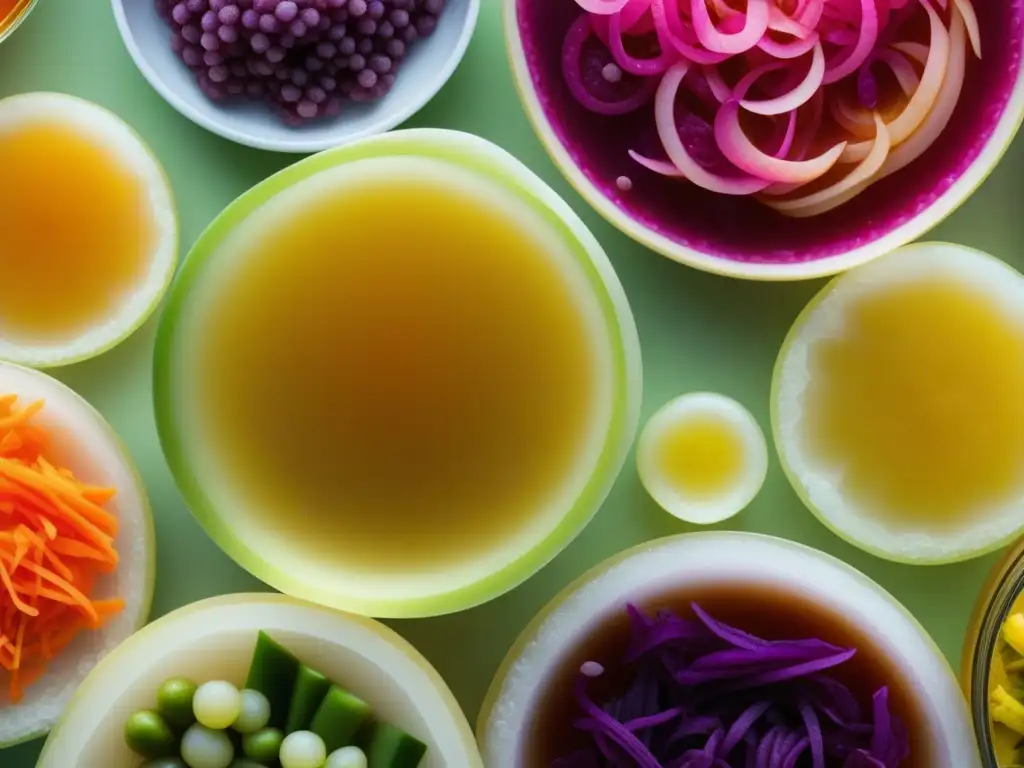 Una imagen detallada de alimentos fermentados coloridos como kimchi, chucrut, miso y kombucha, resaltando la belleza de la fermentación en la Dieta Zen