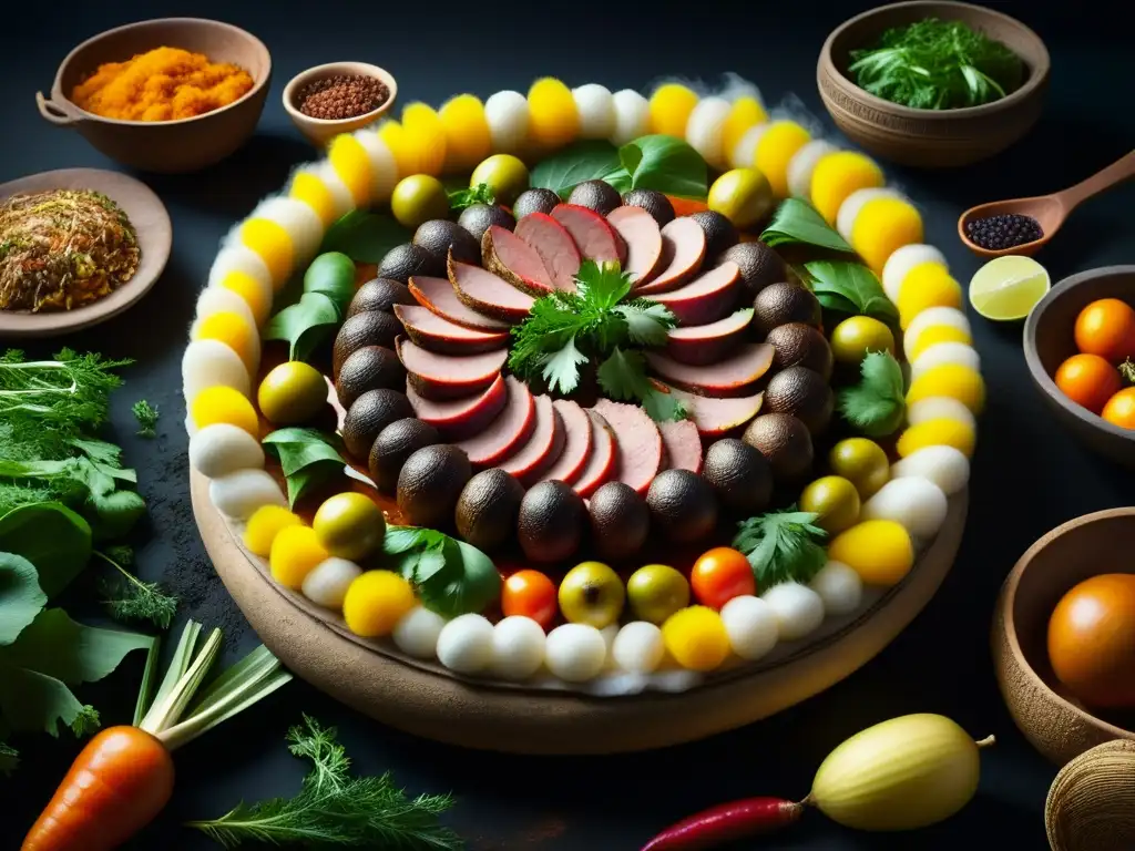 Magia de la Pachamanca: Tradición culinaria amazónica Una imagen detallada de la ancestral técnica de cocción en tierra amazónica, 'Pachamanca', resaltando ingredientes y saberes indígenas
