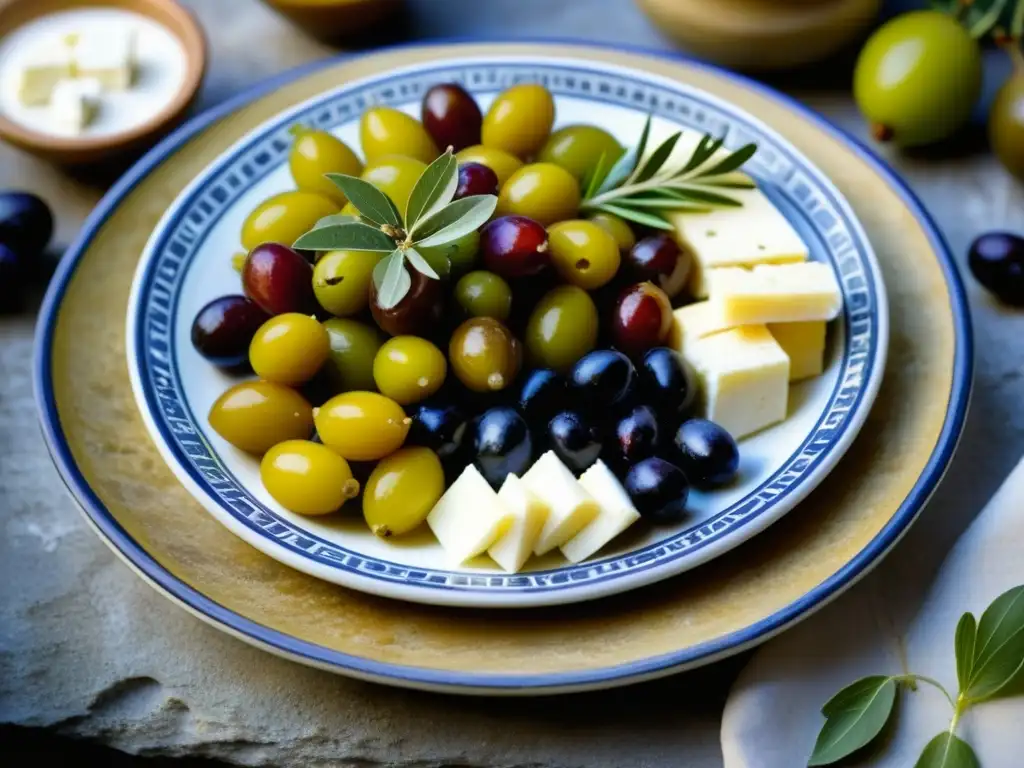 Una imagen detallada de una antigua plato griego lleno de alimentos tradicionales como aceitunas, queso feta, higos, miel, uvas y hierbas