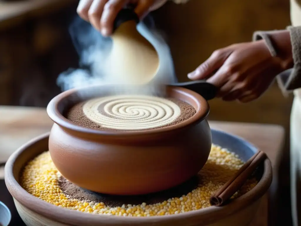 Imagen detallada de un atole en olla de barro, con canela y cacao