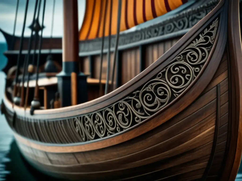 Imagen detallada de un barco vikingo con tallas ornamentadas, proa de dragón y texturas de madera envejecida, destacando su relevancia cultural