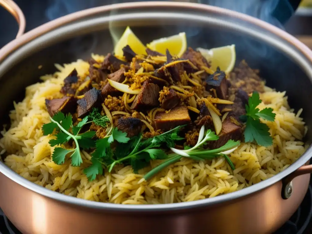 Una imagen detallada de un biryani cocinándose en una olla de cobre sobre fuego abierto