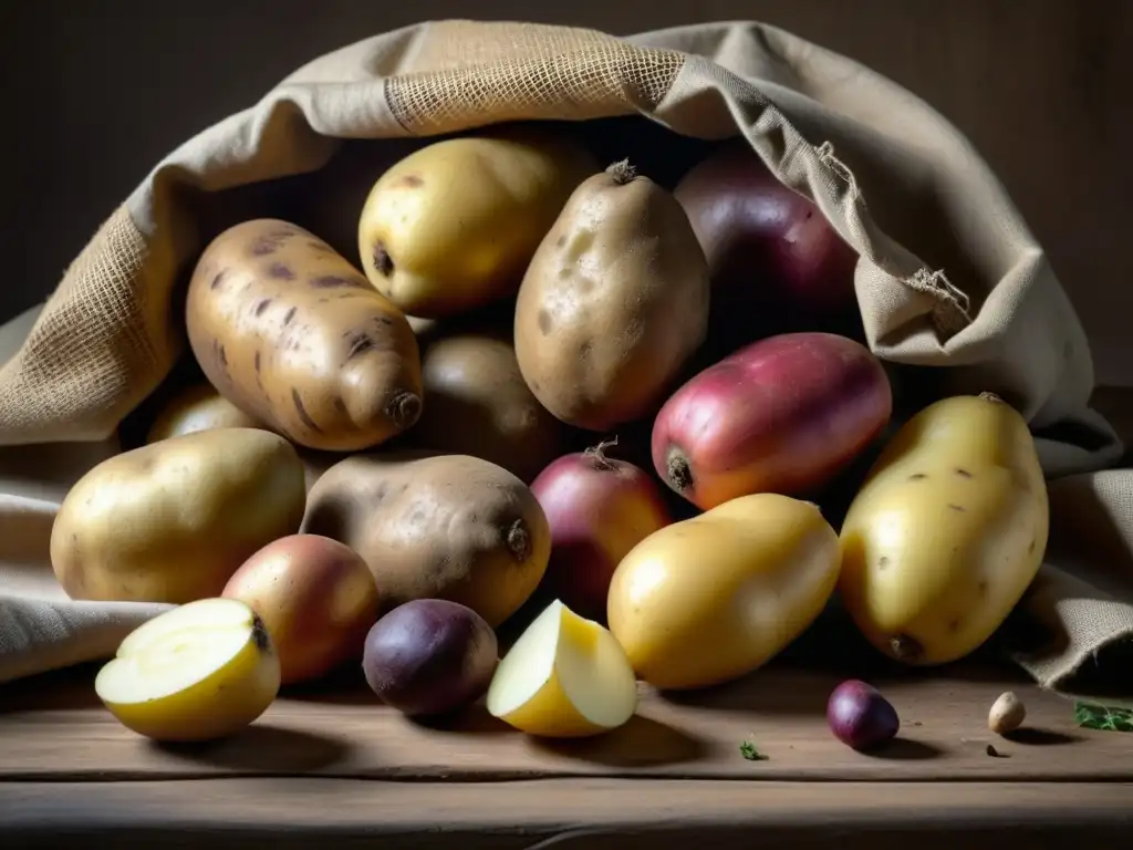 Una imagen detallada de una bolsa rústica desgastada rebosante de papas heredadas