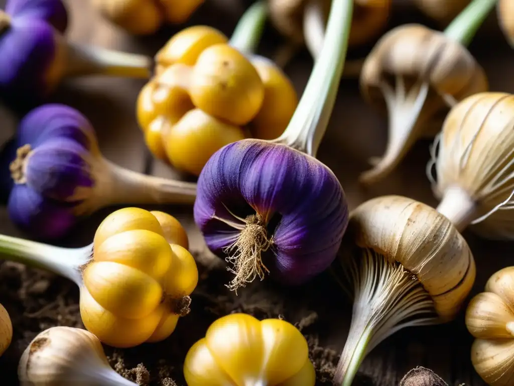 Una imagen detallada de bulbos orgánicos de maca recién cosechados de los Andes, con tonos tierra, púrpura y amarillo