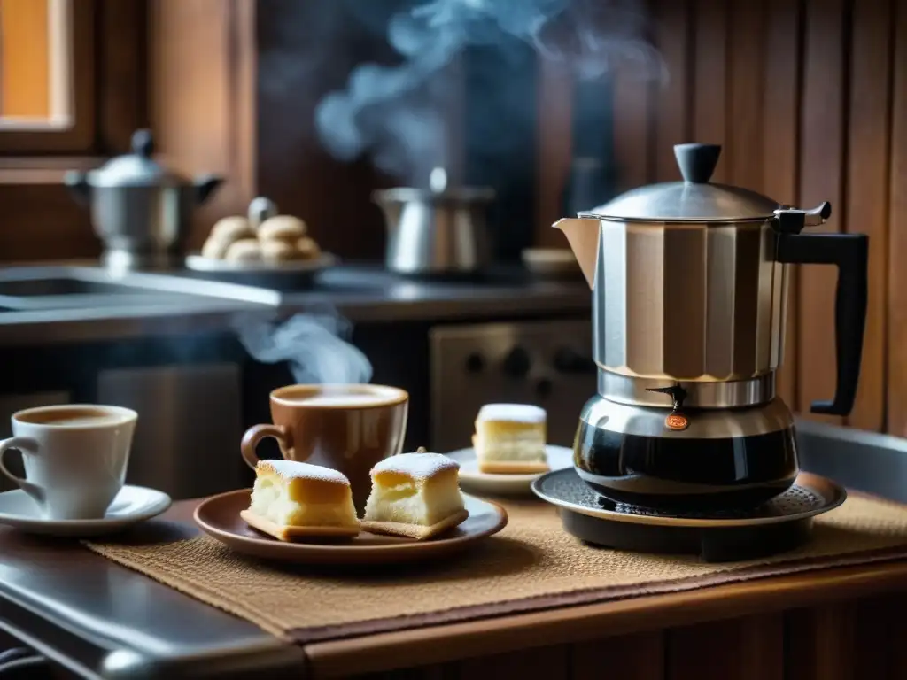 Una imagen detallada de una cafetera cubana tradicional en pleno proceso de preparar un espresso oscuro y rico