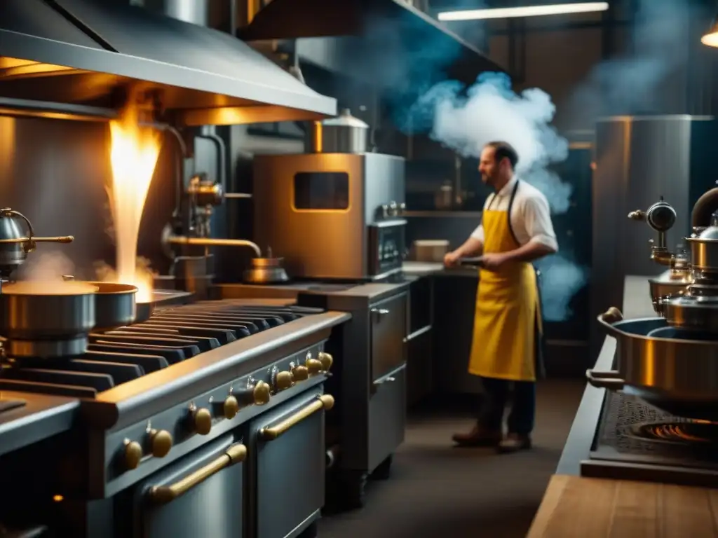 Cocina industrial de la Revolución Industrial Europea Imagen detallada de una cocina industrial a vapor durante la Revolución Industrial Europea, reflejando la transformación culinaria de la era