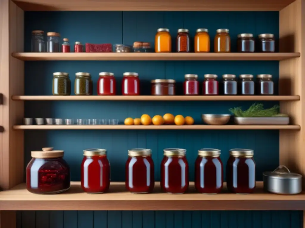 Una imagen detallada de una cocina escandinava tradicional en invierno, con alimentos preservados y la atmósfera rústica de la estación