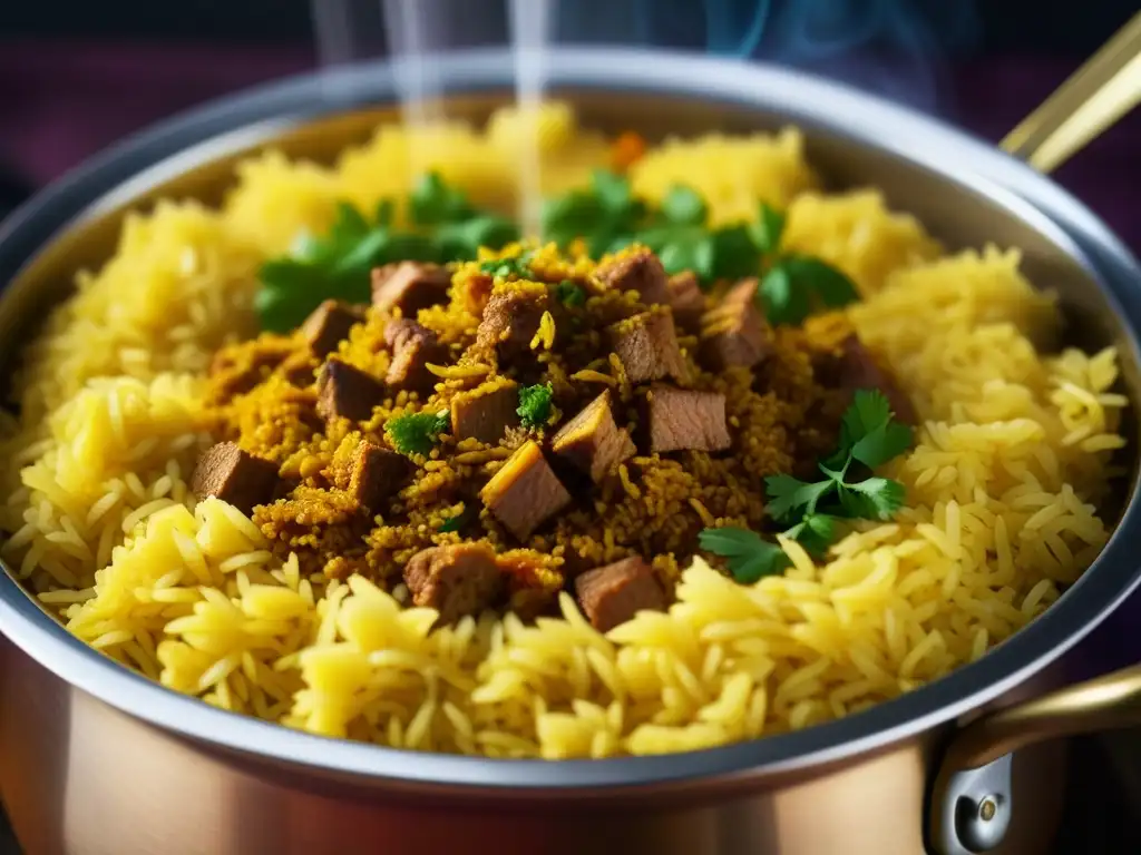 Una imagen detallada de un delicioso biryani, resaltando sus capas de especias y carne tierna