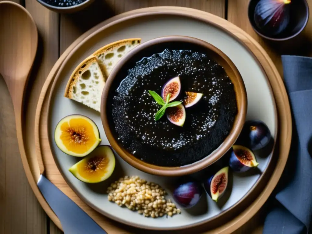 Una imagen detallada de la dieta de guerreros espartanos, con comida rústica como caldo negro, pan de cebada y higos en un plato de madera