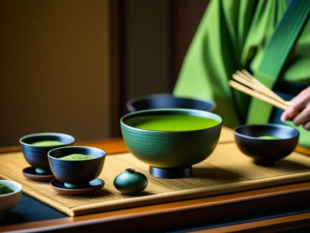 Una imagen detallada de la elegante ceremonia japonesa del té, resaltando la belleza de un set de té tradicional