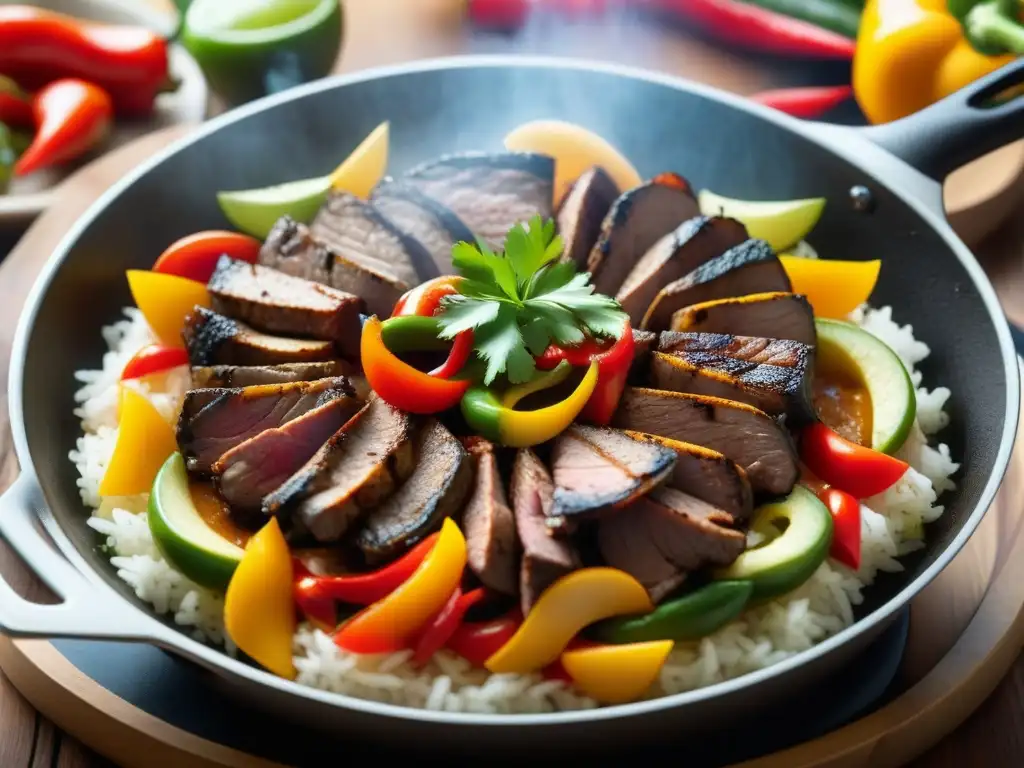 Una imagen detallada de una fajita en una sartén, con colores vibrantes y vapor, evocando la Cocina TexMex en celebraciones familiares