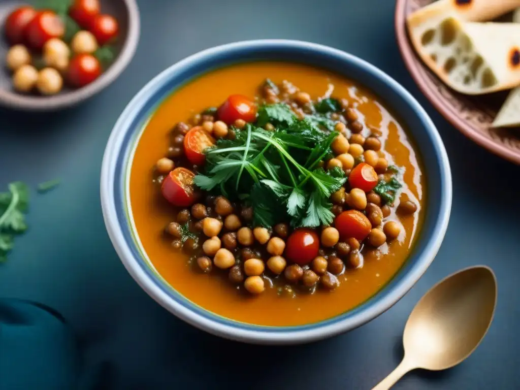 Una imagen detallada de una humeante taza de sopa Harira, resaltando sus capas de garbanzos, lentejas, tomates y hierbas, con perejil vibrante encima