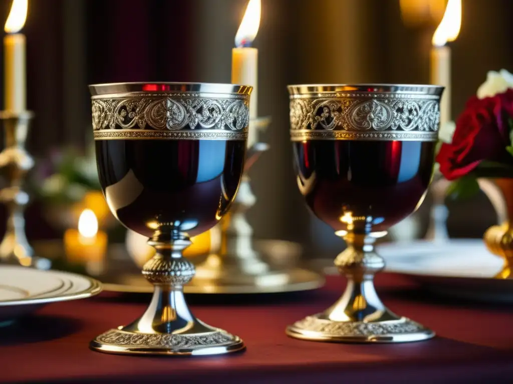 Una imagen detallada de un lujoso cáliz de plata rebosante de vino rojo, en una mesa de banquete ricamente decorada