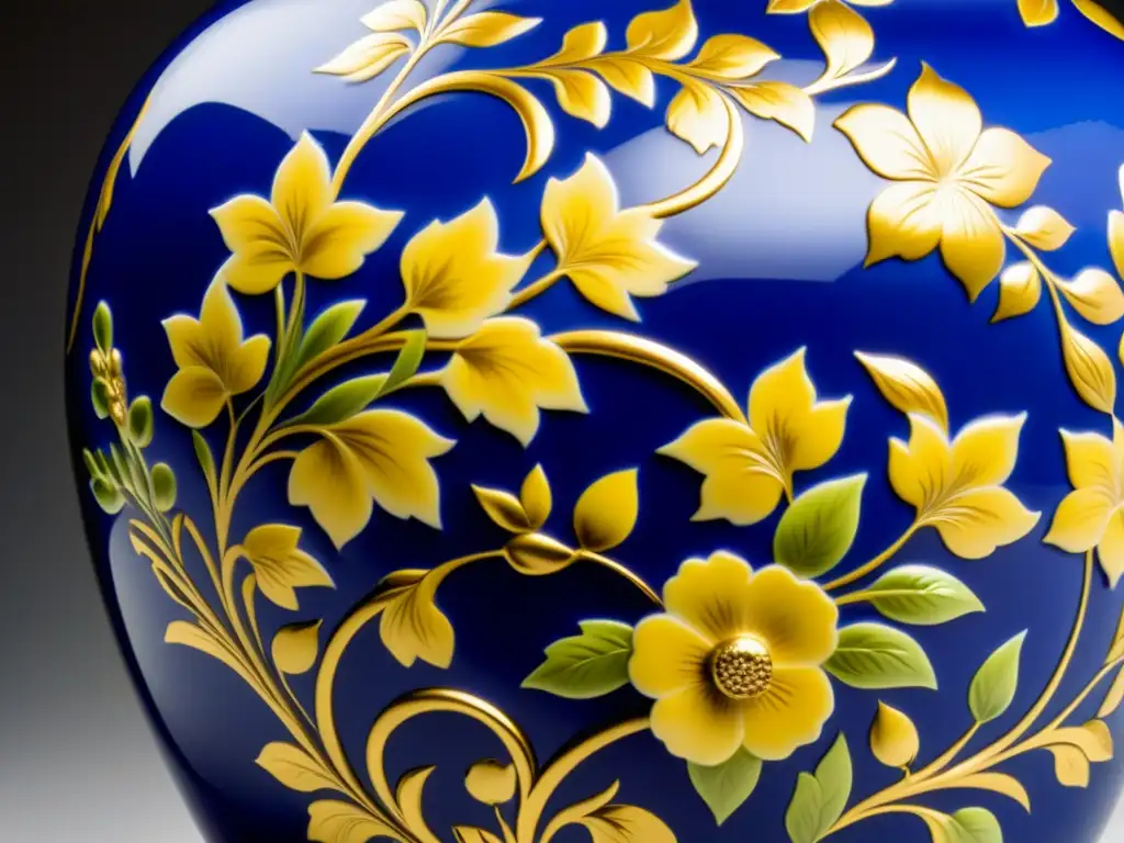 Una imagen detallada de un magnífico jarrón de porcelana Sévres, resaltando sus patrones florales pintados a mano y detalles dorados