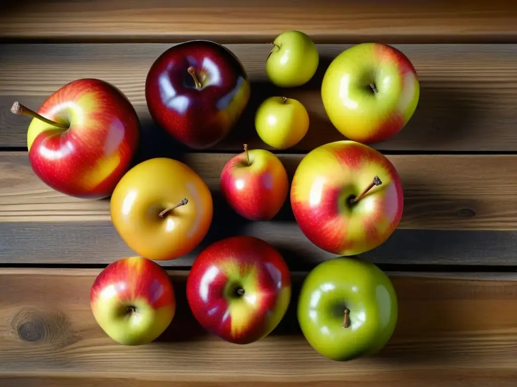 Exquisita diversidad: Detalles de manzanas antiguas en mesa rústica Una imagen detallada de manzanas de variedades coloridas en una mesa rústica, resaltando su importancia cultural