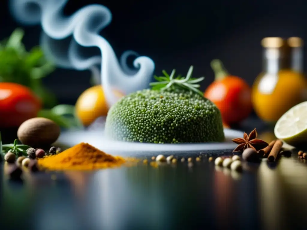 Maquina sous vide moderna entre ingredientes históricos Una imagen detallada de una máquina de sous vide rodeada de ingredientes históricos en macro