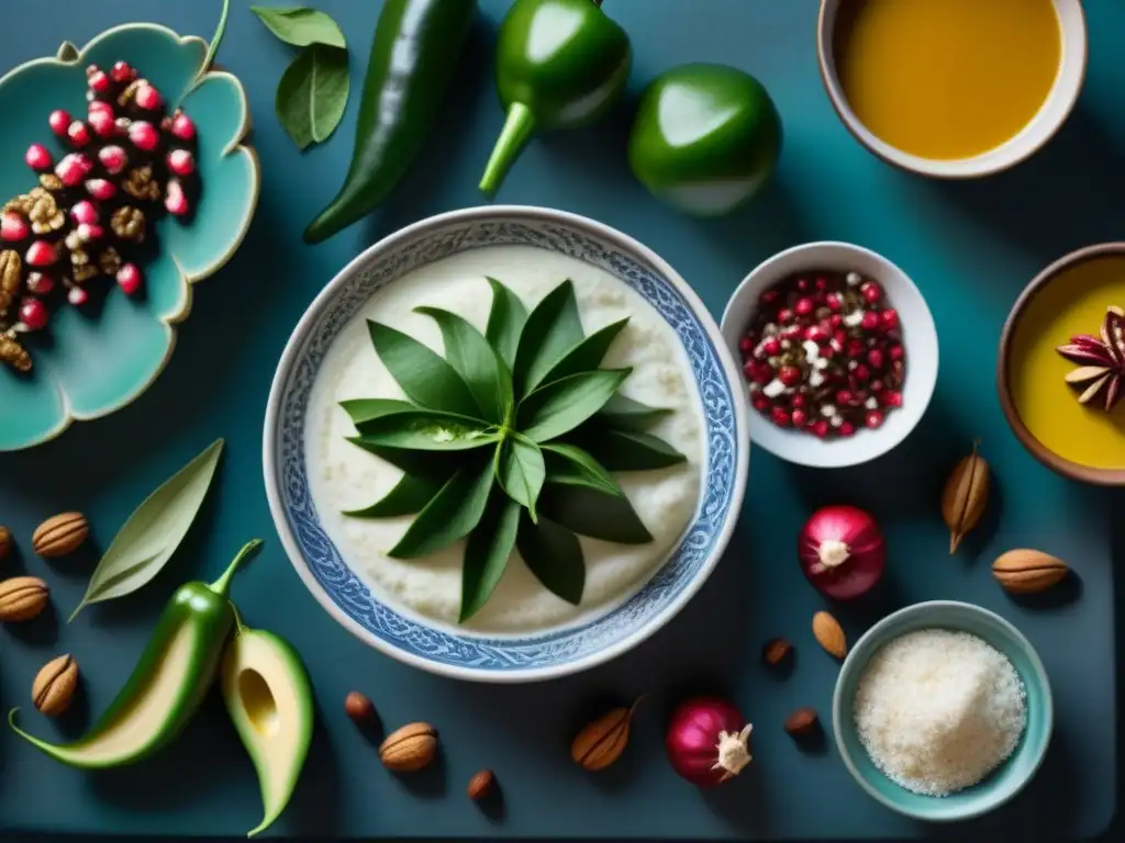 Imagen detallada de una mesa de cocina mexicana con ingredientes clásicos y modernos para Chiles en Nogada