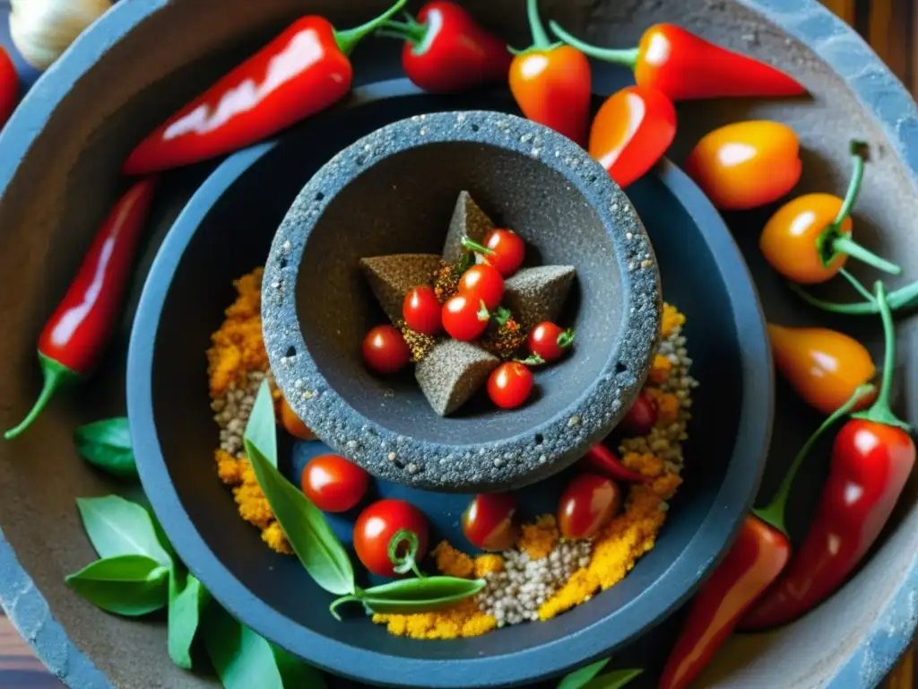 Una imagen detallada de un molcajete azteca con chiles rojos, ajos, tomates y especias coloridas