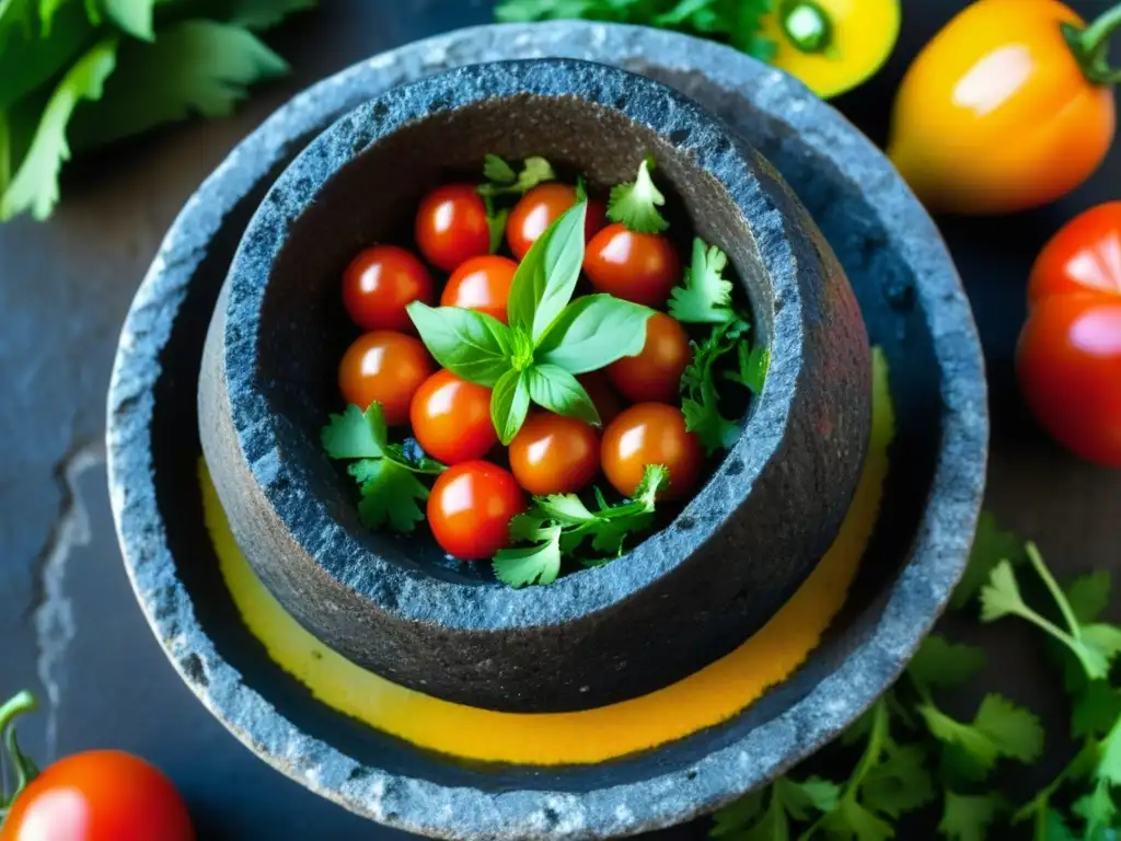 Una imagen detallada de un molcajete mexicano tradicional con salsa fresca, resaltando colores y texturas