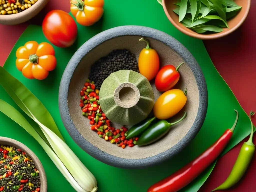 Una imagen detallada de un molcajete mexicano con especias y vegetales, destacando la artesanía y la historia de la cocina mexicana