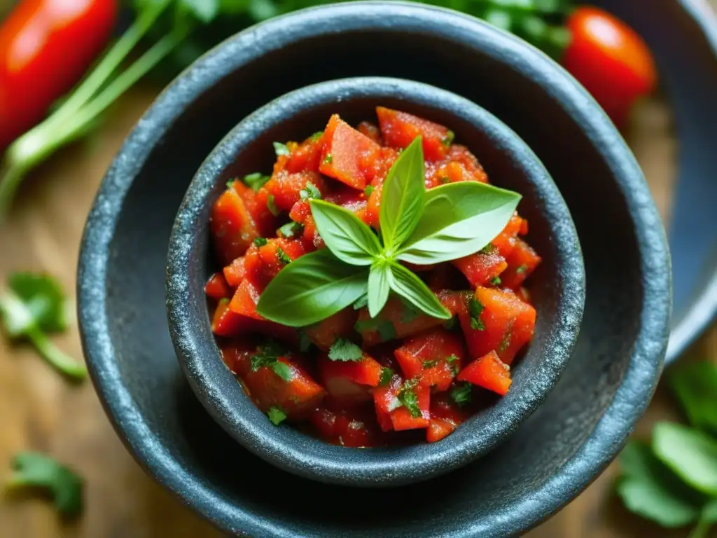 Una imagen detallada de un molcajete mexicano con salsa roja, cilantro y cebolla, evocando la relevancia cultural de recetas históricas