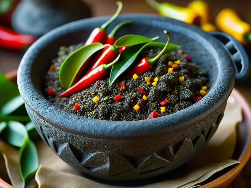 Una imagen detallada de un molcajete mexicano repleto de especias vibrantes recién molidas como chiles, comino y clavos