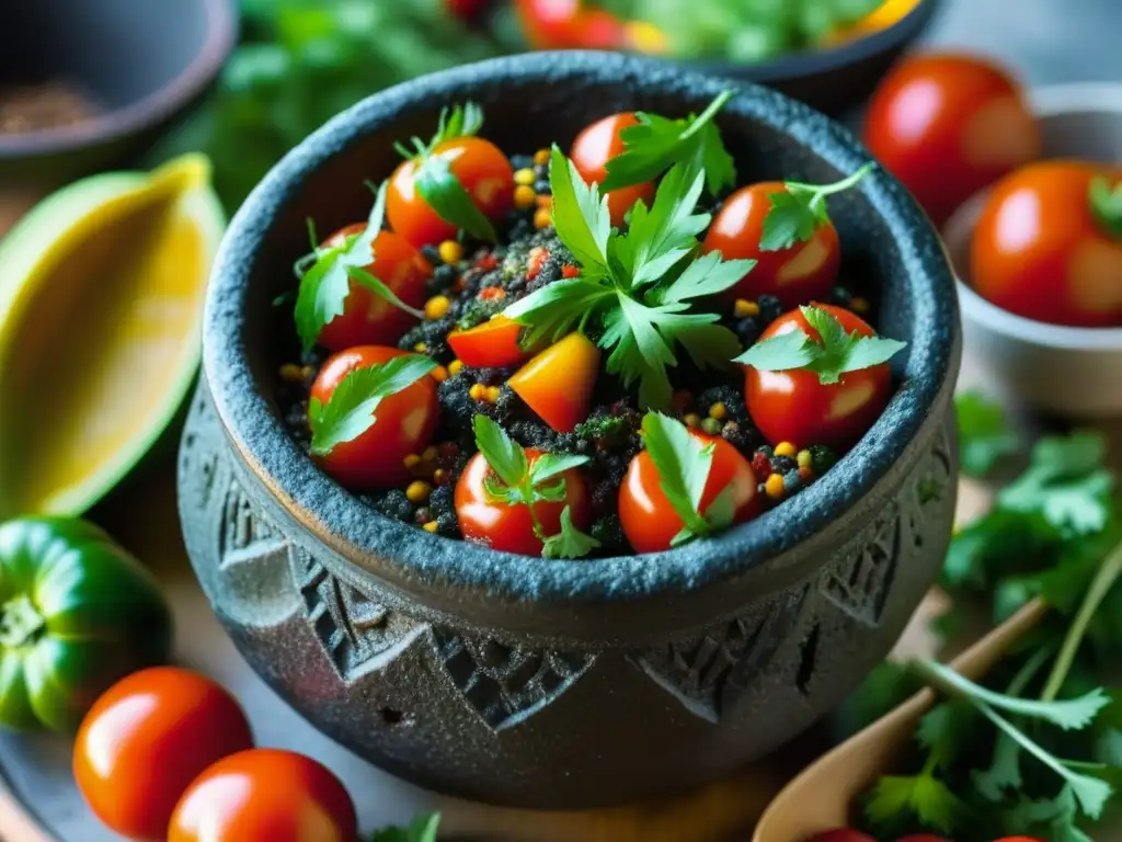 Una imagen detallada de un molcajete mexicano lleno de salsa roja fresca, resaltando los colores vibrantes de los ingredientes