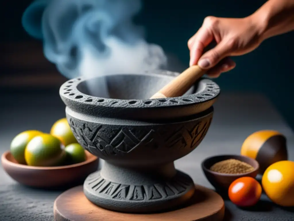 Una imagen detallada de un molcajete y tejolote tradicionales, fusionando las mejores recetas tradicionales en una textura de piedra volcánica