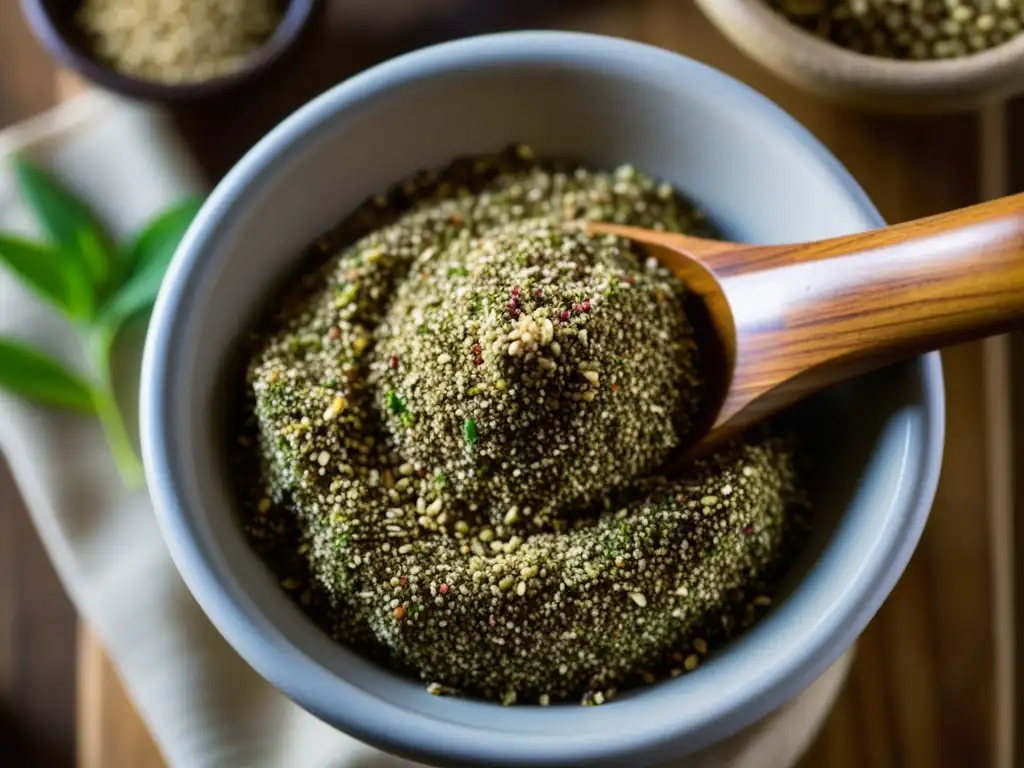 Una imagen detallada de un mortero con za'atar molido, semillas de sésamo y sumac, evocando recetas históricas de Medio Oriente