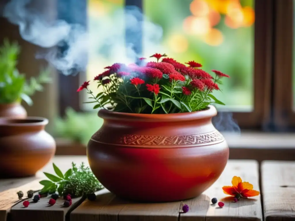 Elixir ancestral: potente remedio rojo en vasija de barro Una imagen detallada de una olla de barro con un elixir rojo rodeada de hierbas y condimentos
