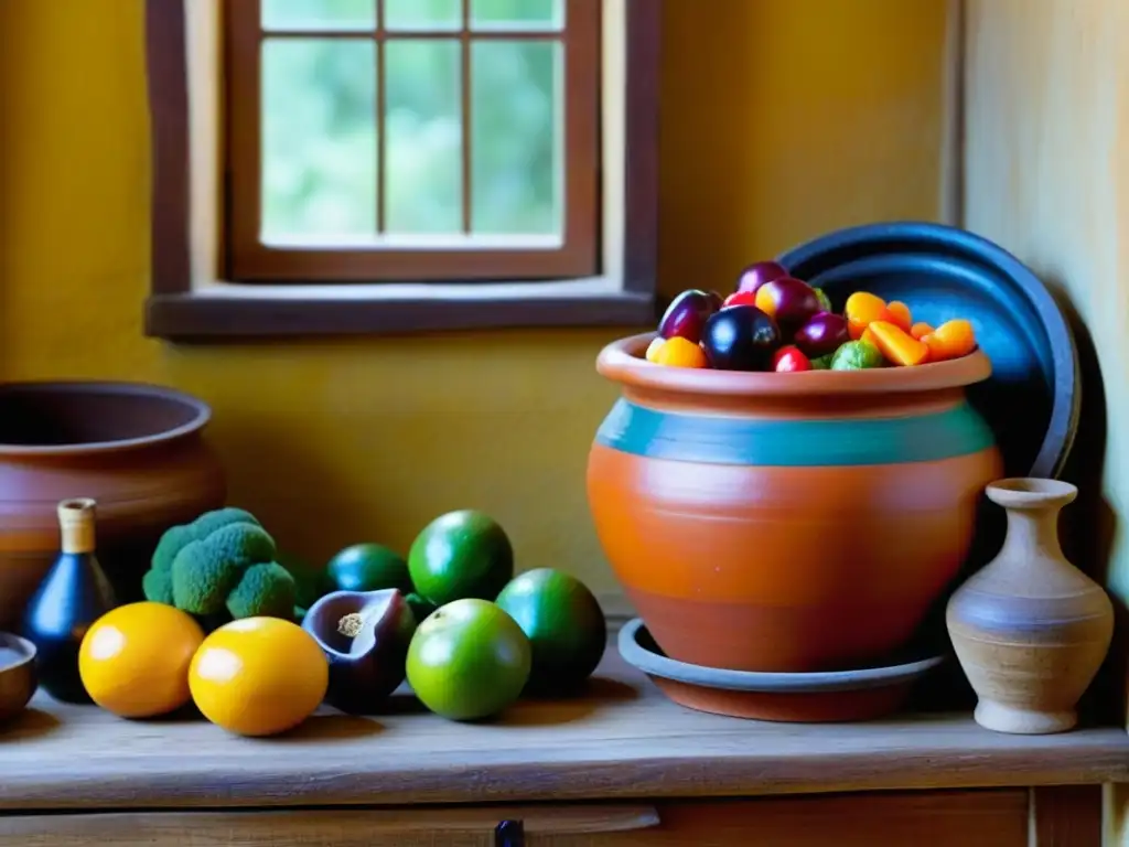 Una imagen detallada de una olla de barro con frutas y verduras conservadas, rodeada de herramientas de conservación de la época colonial