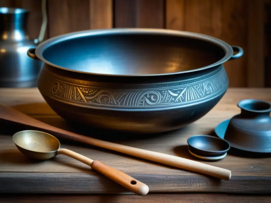 Una imagen detallada de una olla de cocina antigua rodeada de utensilios históricos, resaltando la evolución de los utensilios de cocina históricos