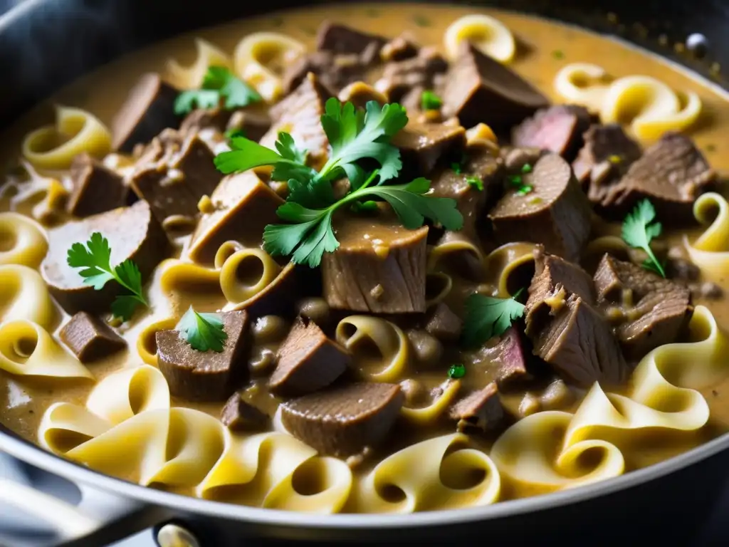 Una imagen detallada de una olla de Stroganoff de res, mostrando los ricos colores y texturas