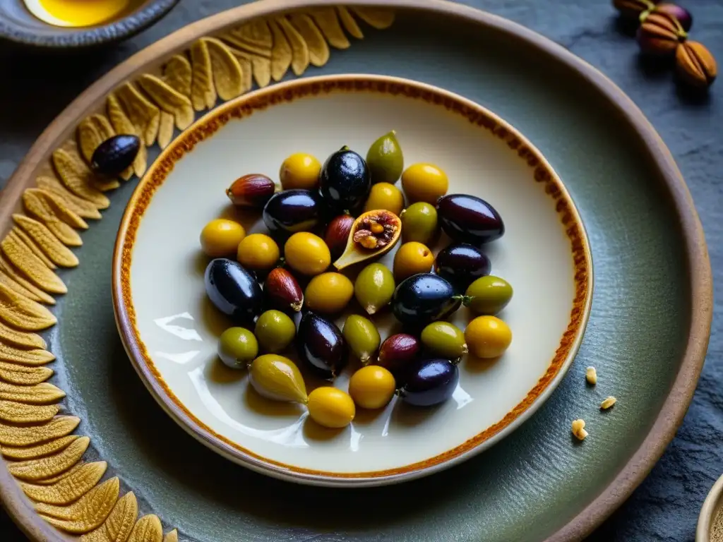 Imagen detallada de plato romano con olivas, higos, dátiles, nueces, miel y especias en plato cerámico, sobre piedra