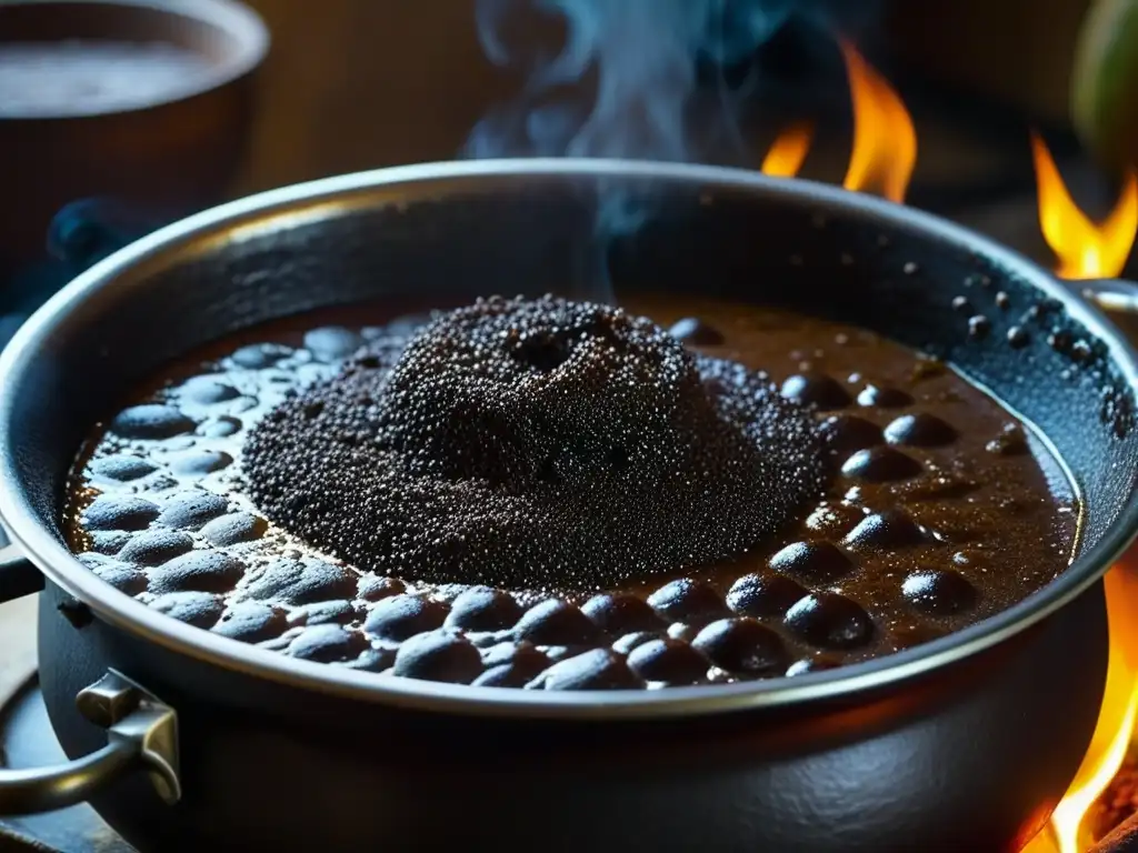 Una imagen detallada de la preparación de mole mexicano en una cocina rústica