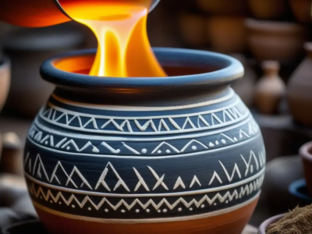 Imagen detallada de la fermentación de pulque en olla de barro prehispánica, resaltando símbolos antiguos y colores vibrantes