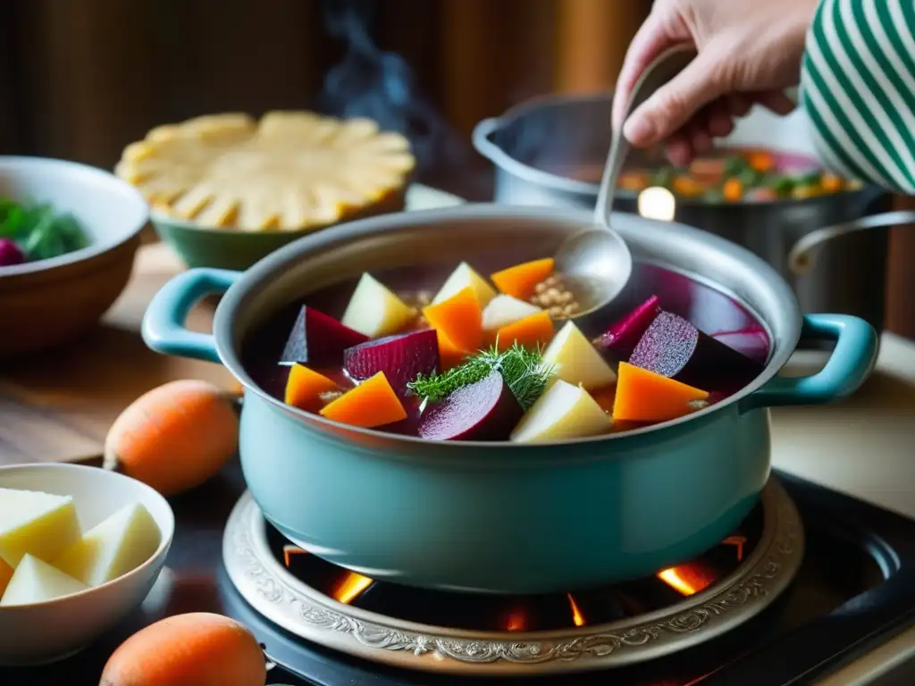 Una imagen detallada de una receta histórica de la cultura rusa en invierno: borscht cocinándose en una cocina antigua