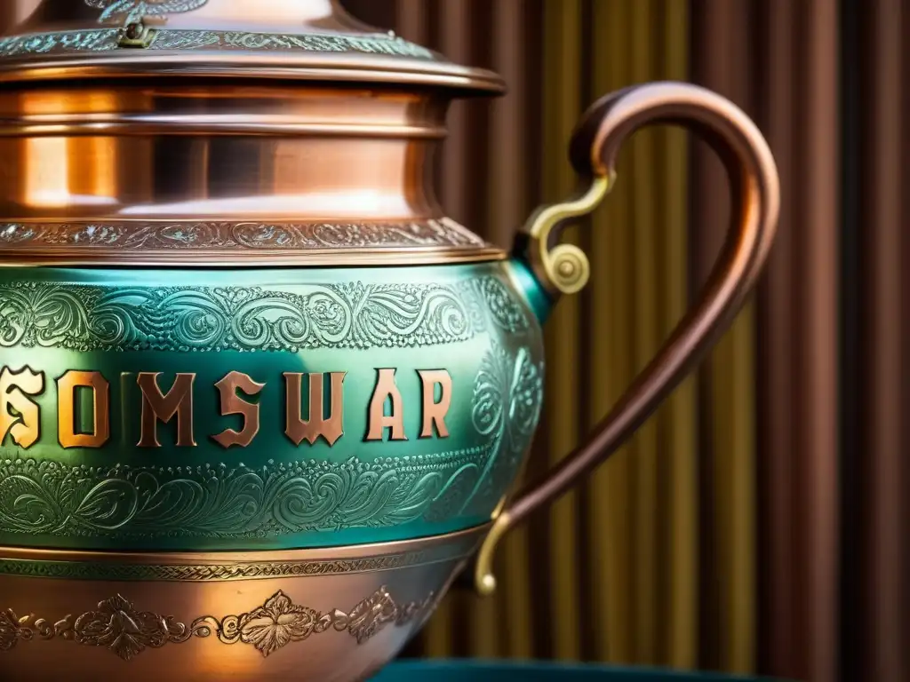 Una imagen detallada de un samovar de cobre vintage, usado para servir sbiten en la Rusia zarista