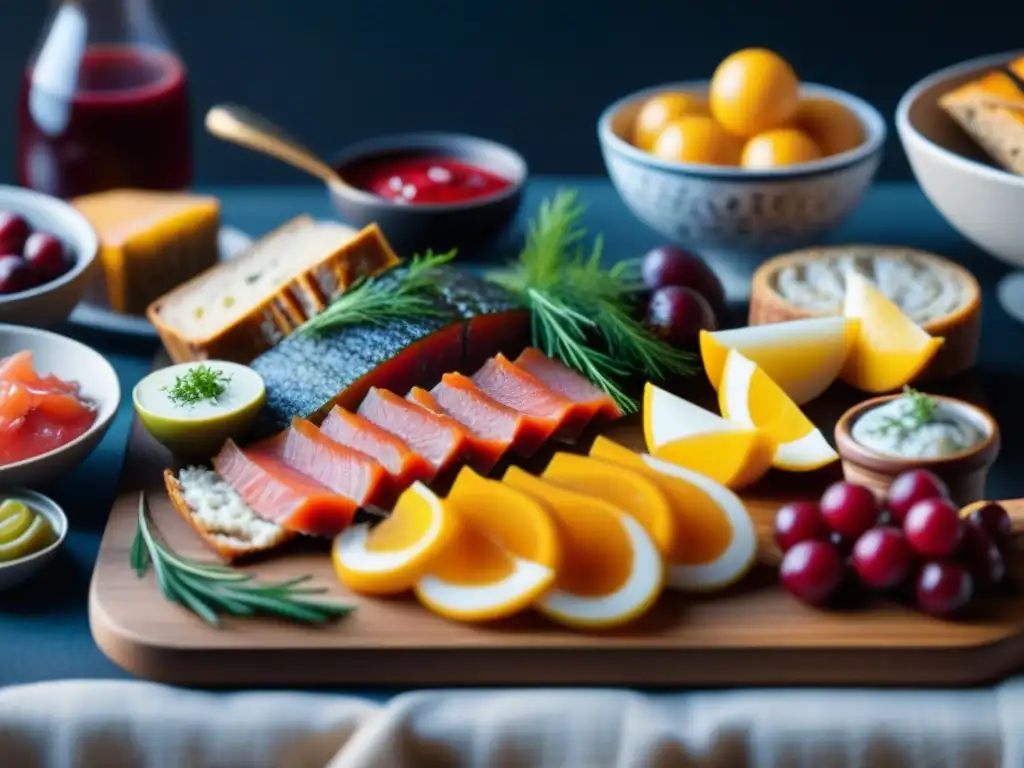 Una imagen detallada de un smörgåsbord escandinavo que muestra influencias extranjeras en la cocina