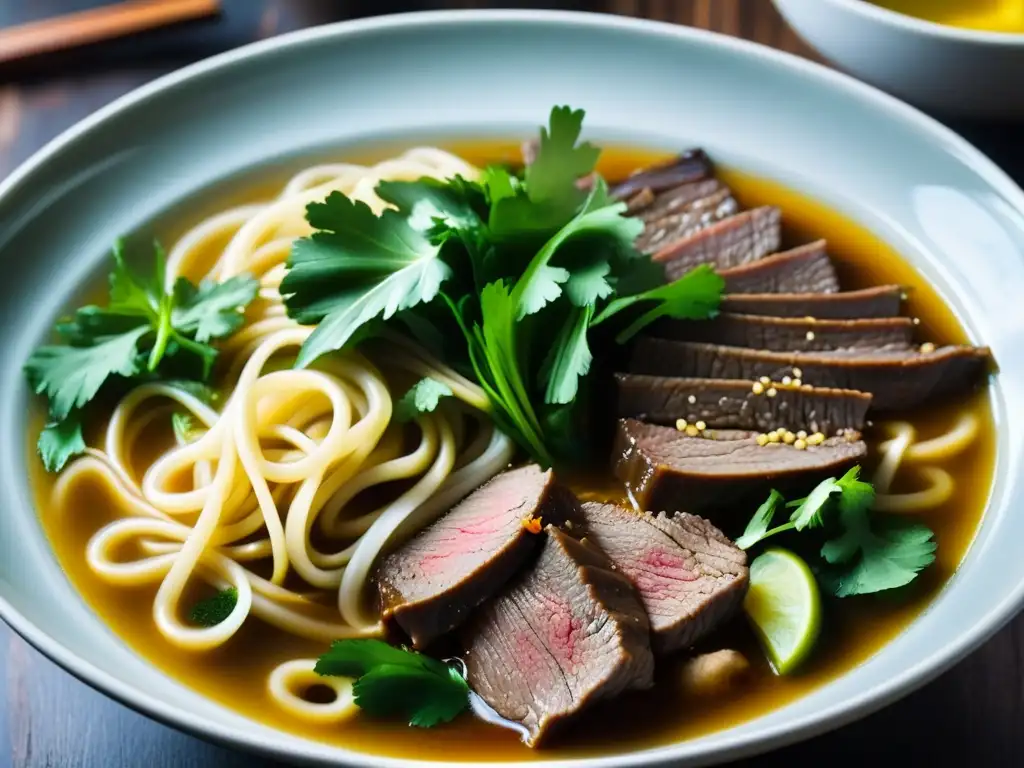 Una imagen detallada de un tazón humeante de sopa tradicional taiwanesa de carne, en un mercado nocturno de Taiwán