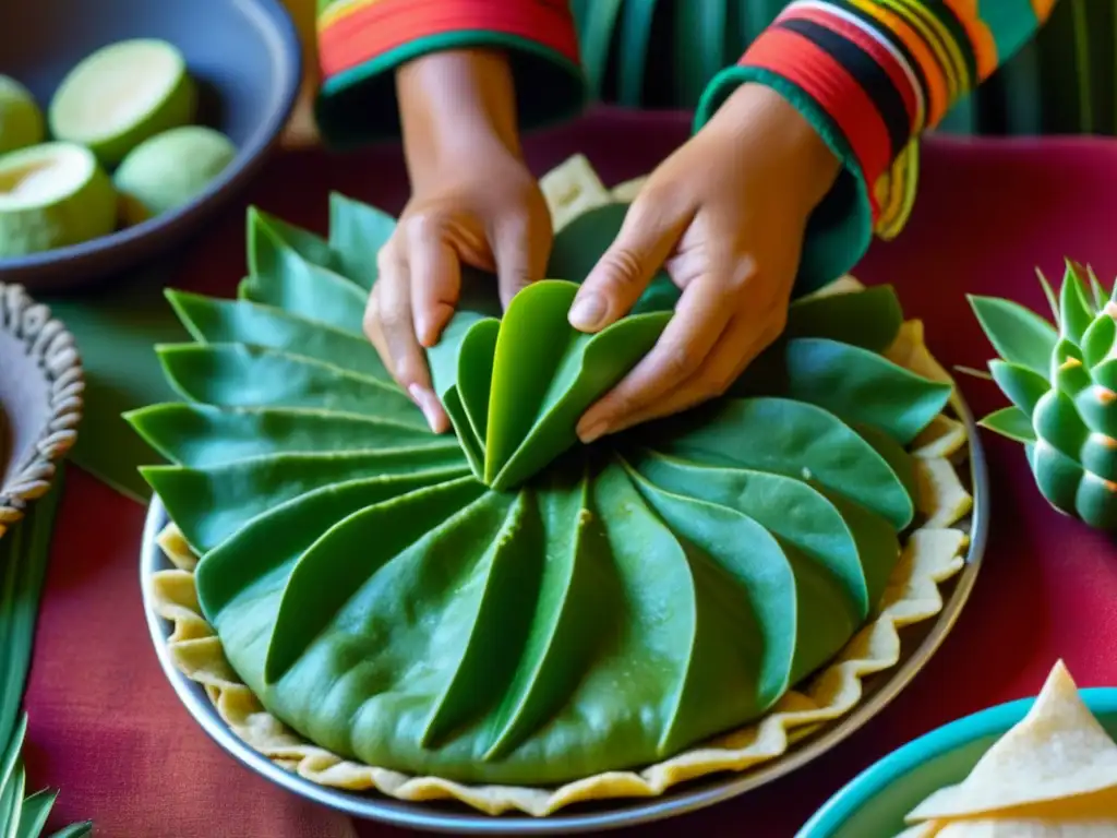 Una imagen detallada de un tlacoyo recién hecho, resaltando la textura de la masa, los colores del relleno de nopal y el proceso artesanal